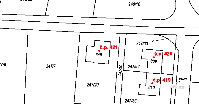 Vysoká nad Labem 421 na parcele st. 649 v KÚ Vysoká nad Labem, Katastrální mapa