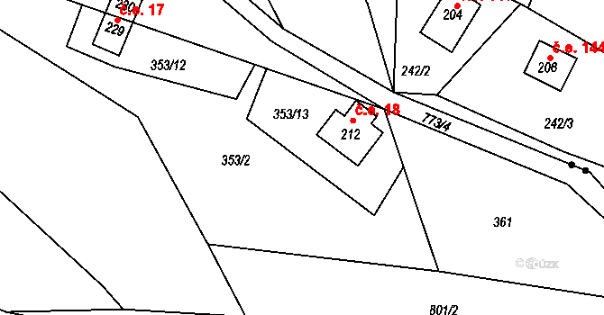 Kovářov 18, Bojanov na parcele st. 212 v KÚ Kovářov u Seče, Katastrální mapa