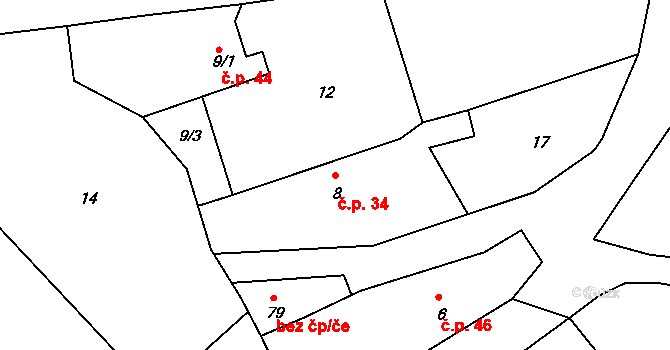 Svučice 34, Mišovice na parcele st. 8 v KÚ Svučice, Katastrální mapa