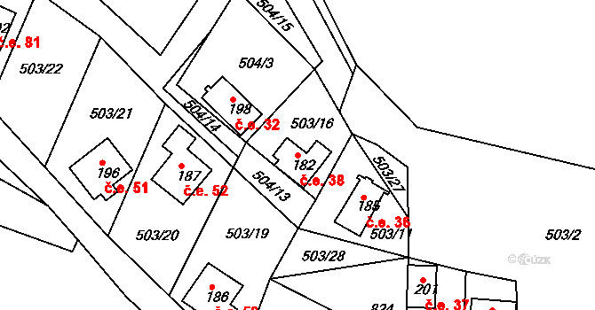 Rabštejn nad Střelou 38, Manětín na parcele st. 182 v KÚ Rabštejn nad Střelou, Katastrální mapa