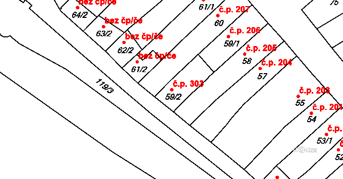 Broumov 303 na parcele st. 59/2 v KÚ Broumov, Katastrální mapa
