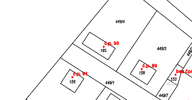 Bučina 90 na parcele st. 165 v KÚ Bučina, Katastrální mapa
