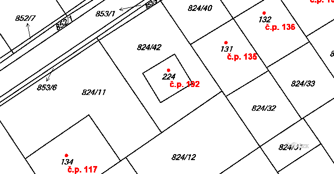 Molenburk 192, Vysočany na parcele st. 224 v KÚ Molenburk, Katastrální mapa