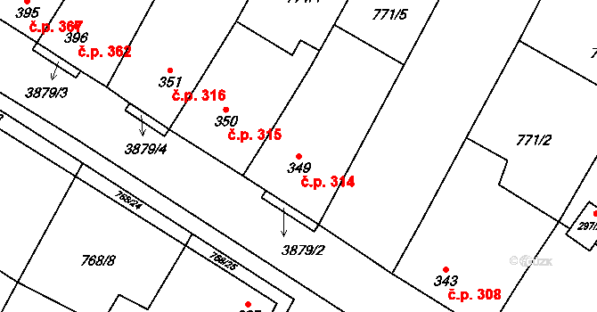 Řevničov 314 na parcele st. 349 v KÚ Řevničov, Katastrální mapa