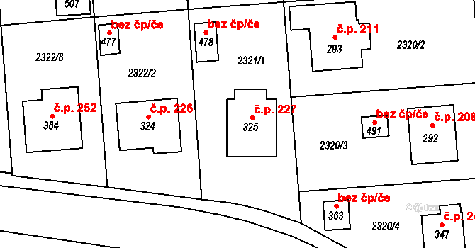 Senožaty 227 na parcele st. 325 v KÚ Senožaty, Katastrální mapa