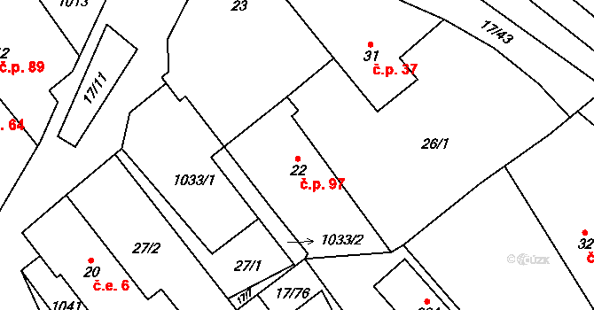 Oselce 97 na parcele st. 22 v KÚ Oselce, Katastrální mapa