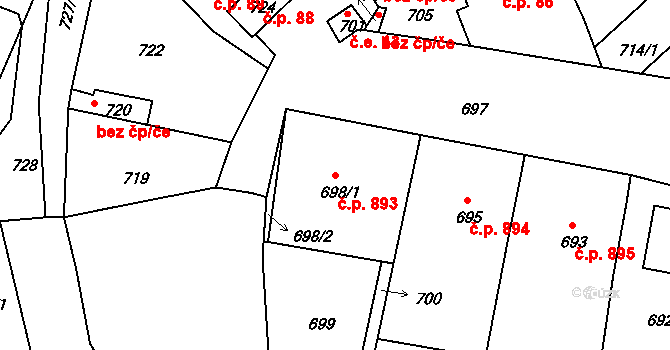 Valtice 893 na parcele st. 698/1 v KÚ Valtice, Katastrální mapa