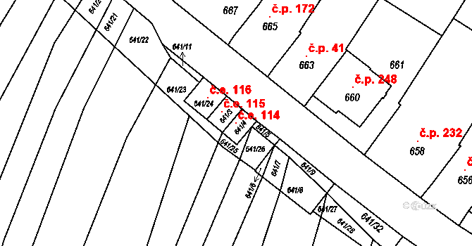 Silůvky 114 na parcele st. 641/4 v KÚ Silůvky, Katastrální mapa