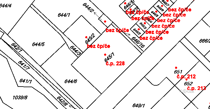 Všetuly 228, Holešov na parcele st. 645/1 v KÚ Všetuly, Katastrální mapa