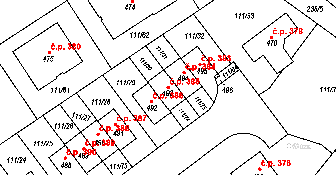 Minice 385, Kralupy nad Vltavou na parcele st. 493 v KÚ Minice u Kralup nad Vltavou, Katastrální mapa