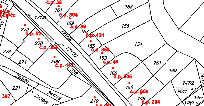 Koryčany 40 na parcele st. 153 v KÚ Koryčany, Katastrální mapa