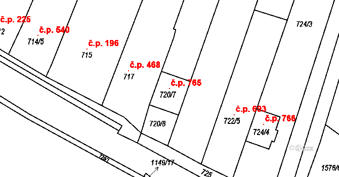 Blučina 765 na parcele st. 720/7 v KÚ Blučina, Katastrální mapa