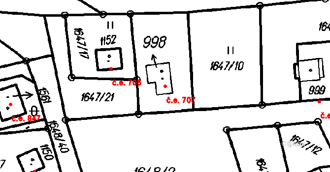 Čeladná 707 na parcele st. 998 v KÚ Čeladná, Katastrální mapa