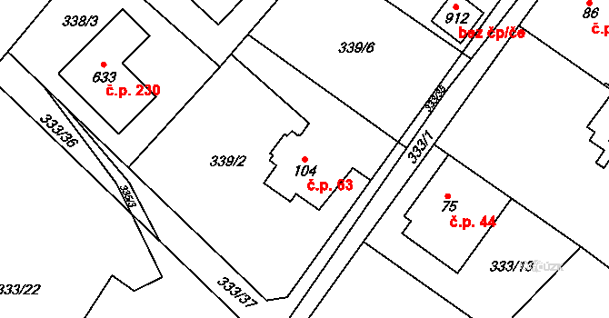 Řež 63, Husinec na parcele st. 104 v KÚ Husinec u Řeže, Katastrální mapa