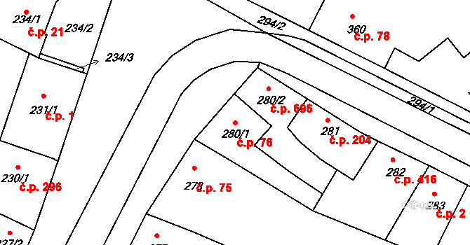 Hrušovany u Brna 76 na parcele st. 280/1 v KÚ Hrušovany u Brna, Katastrální mapa