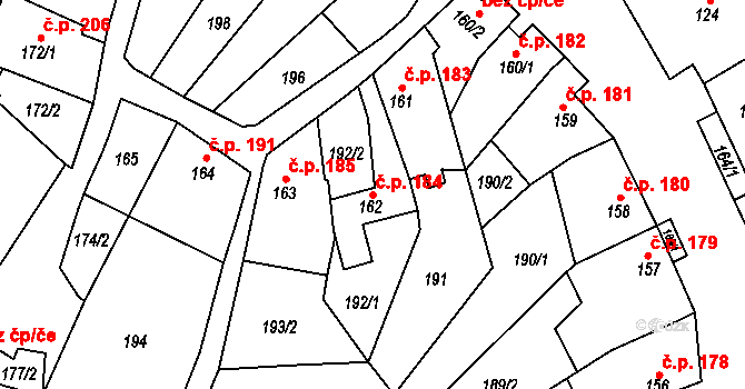 Dambořice 184 na parcele st. 162 v KÚ Dambořice, Katastrální mapa