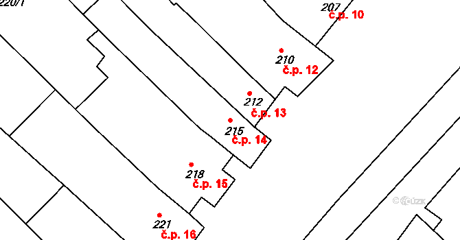 Šaratice 14 na parcele st. 215 v KÚ Šaratice, Katastrální mapa