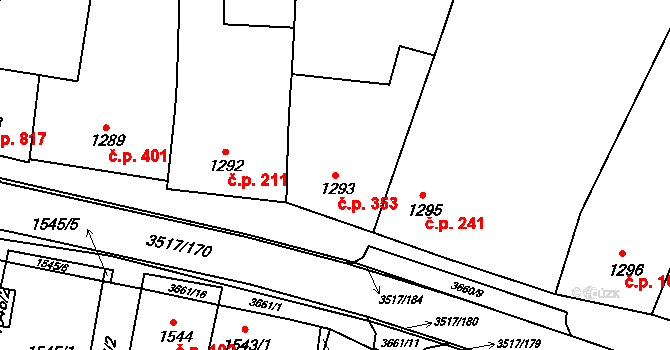Vyškov-Předměstí 353, Vyškov na parcele st. 1293 v KÚ Vyškov, Katastrální mapa