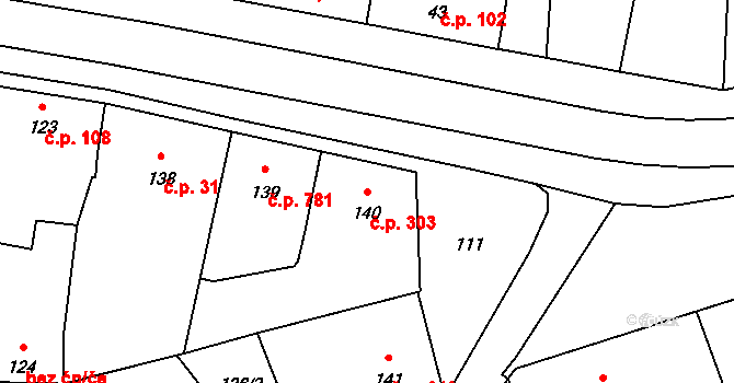 Úvaly 303 na parcele st. 140 v KÚ Úvaly u Prahy, Katastrální mapa
