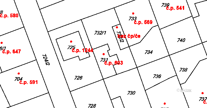 Úvaly 603 na parcele st. 731 v KÚ Úvaly u Prahy, Katastrální mapa