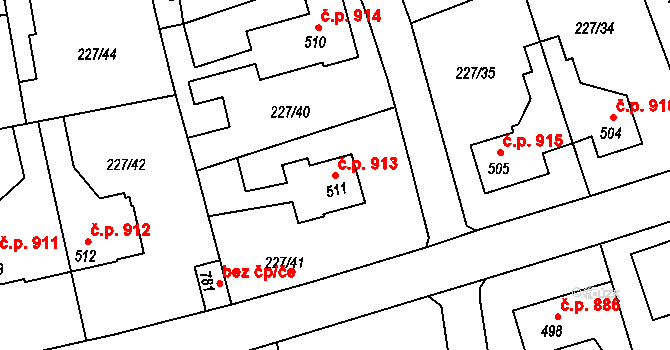 Švermov 913, Kladno na parcele st. 511 v KÚ Hnidousy, Katastrální mapa