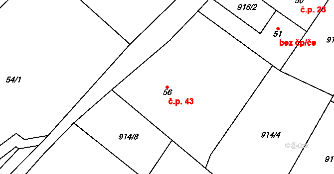 Lhota u Lysic 43 na parcele st. 56 v KÚ Lhota u Lysic, Katastrální mapa