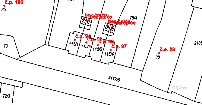 Damnov 96, Bor na parcele st. 115/2 v KÚ Damnov, Katastrální mapa