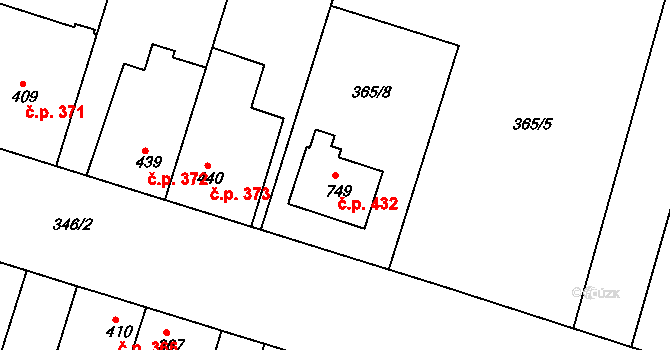 Smiřice 432 na parcele st. 749 v KÚ Smiřice, Katastrální mapa