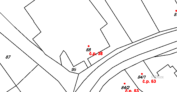 Břevenec 38, Šumvald na parcele st. 88 v KÚ Břevenec, Katastrální mapa