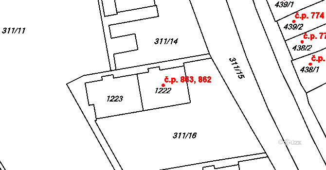 Uničov 862,863 na parcele st. 1222 v KÚ Uničov, Katastrální mapa