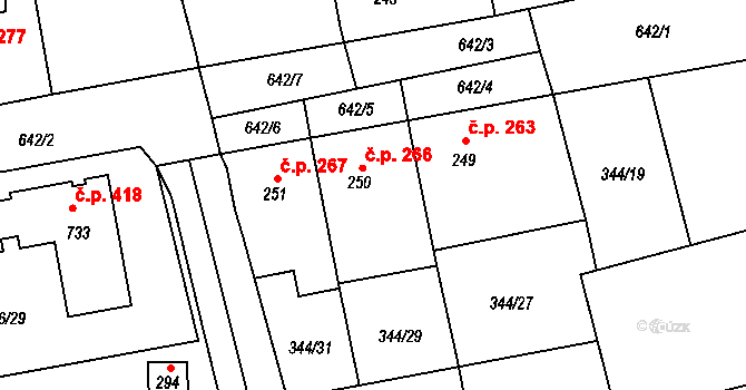 Bohušovice nad Ohří 266 na parcele st. 250 v KÚ Bohušovice nad Ohří, Katastrální mapa