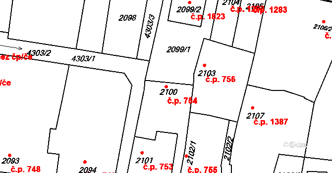 Roudnice nad Labem 754 na parcele st. 2100 v KÚ Roudnice nad Labem, Katastrální mapa