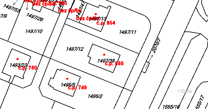 Bechyně 855 na parcele st. 1497/38 v KÚ Bechyně, Katastrální mapa