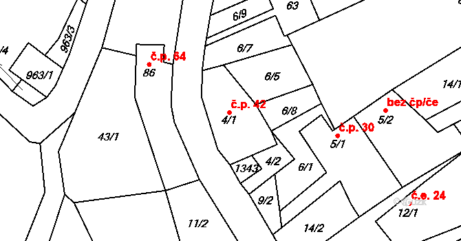 Lbín 42, Hlinná na parcele st. 4/1 v KÚ Lbín, Katastrální mapa