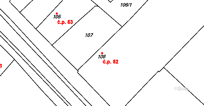 Milovice 52 na parcele st. 108 v KÚ Milovice nad Labem, Katastrální mapa