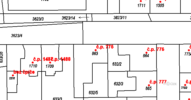 Lysá nad Labem 775 na parcele st. 863/3 v KÚ Lysá nad Labem, Katastrální mapa