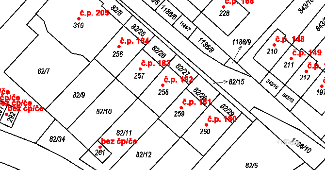 Jakubov u Moravských Budějovic 182 na parcele st. 258 v KÚ Jakubov u Moravských Budějovic, Katastrální mapa