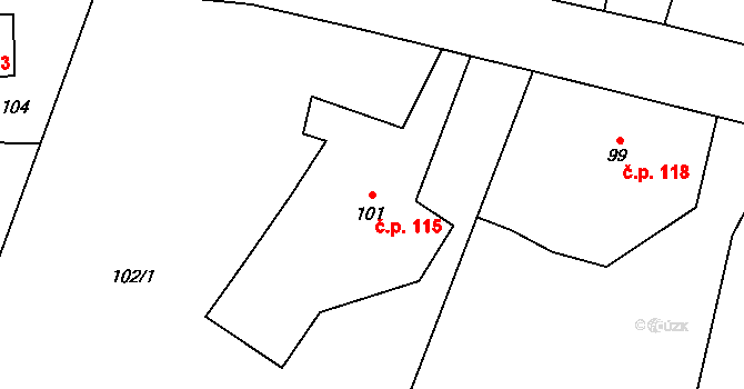 Šunychl 115, Bohumín na parcele st. 101 v KÚ Kopytov, Katastrální mapa