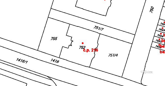 Pudlov 216, Bohumín na parcele st. 752 v KÚ Pudlov, Katastrální mapa