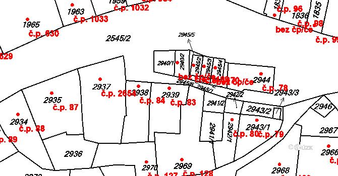 Líšeň 83, Brno na parcele st. 2939 v KÚ Líšeň, Katastrální mapa