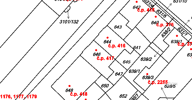 Pelhřimov 417 na parcele st. 646 v KÚ Pelhřimov, Katastrální mapa