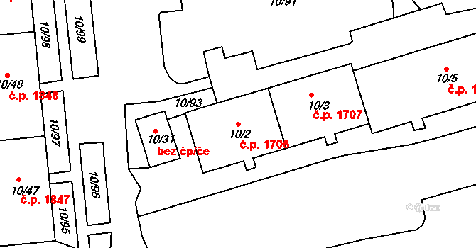 Trnovany 1706, Teplice na parcele st. 10/2 v KÚ Teplice-Trnovany, Katastrální mapa