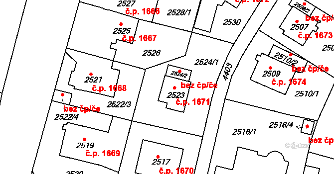 Teplice 1671 na parcele st. 2523 v KÚ Teplice, Katastrální mapa