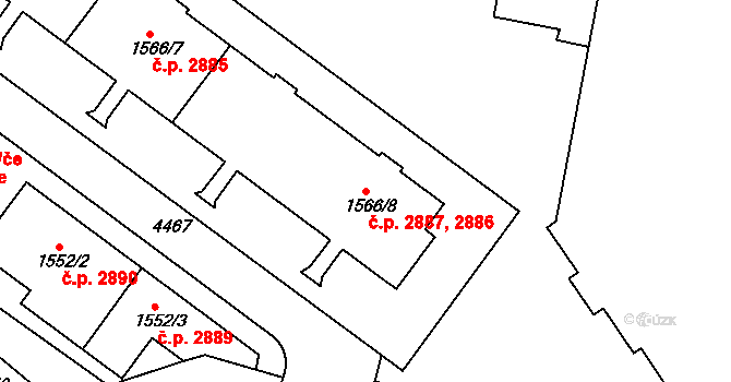 Teplice 2886,2887 na parcele st. 1566/8 v KÚ Teplice, Katastrální mapa
