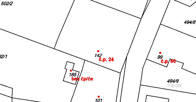 Vlčice 24, Blovice na parcele st. 142 v KÚ Vlčice u Blovic, Katastrální mapa