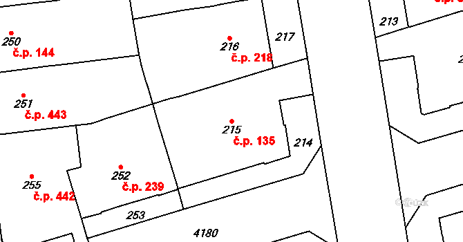 Vinohrady 135, Praha 16 na parcele st. 215 v KÚ Vinohrady, Katastrální mapa
