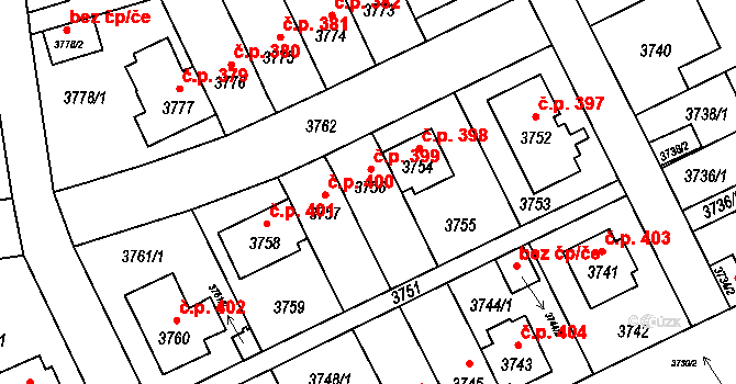 Záběhlice 399, Praha na parcele st. 3756 v KÚ Záběhlice, Katastrální mapa