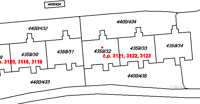 Modřany 3121,3122,3123, Praha na parcele st. 4359/32 v KÚ Modřany, Katastrální mapa