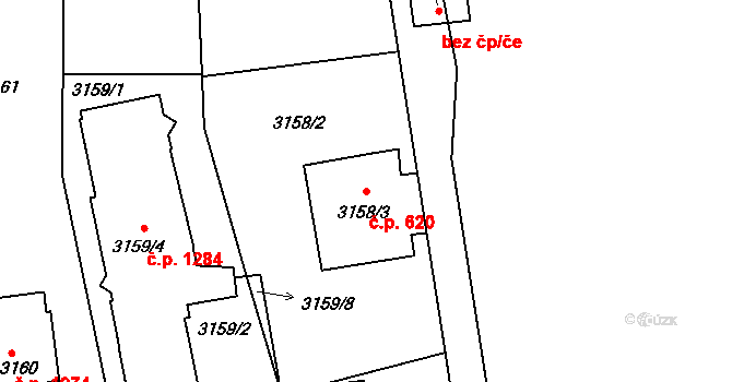 Smíchov 620, Praha na parcele st. 3158/3 v KÚ Smíchov, Katastrální mapa