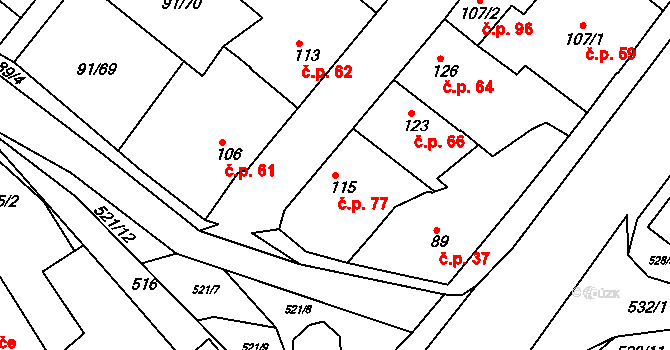 Králův Dvůr 77 na parcele st. 115 v KÚ Králův Dvůr, Katastrální mapa